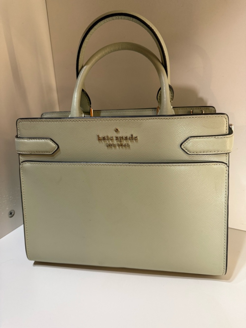 kate spade pistachio structured satchel with top handles and crossbody strap